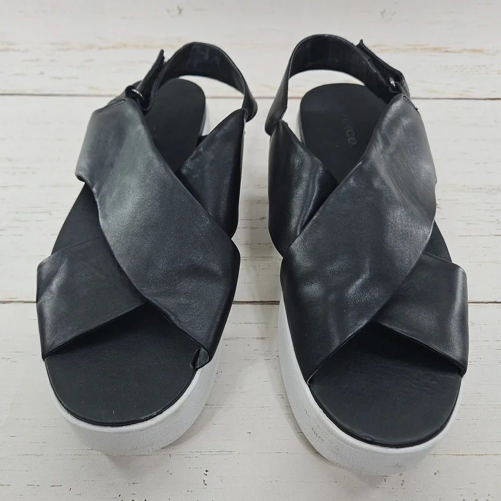 Vince Weslan Platform Sandals Shoes Womens 8 Black Leather Slingback Wedge Cross